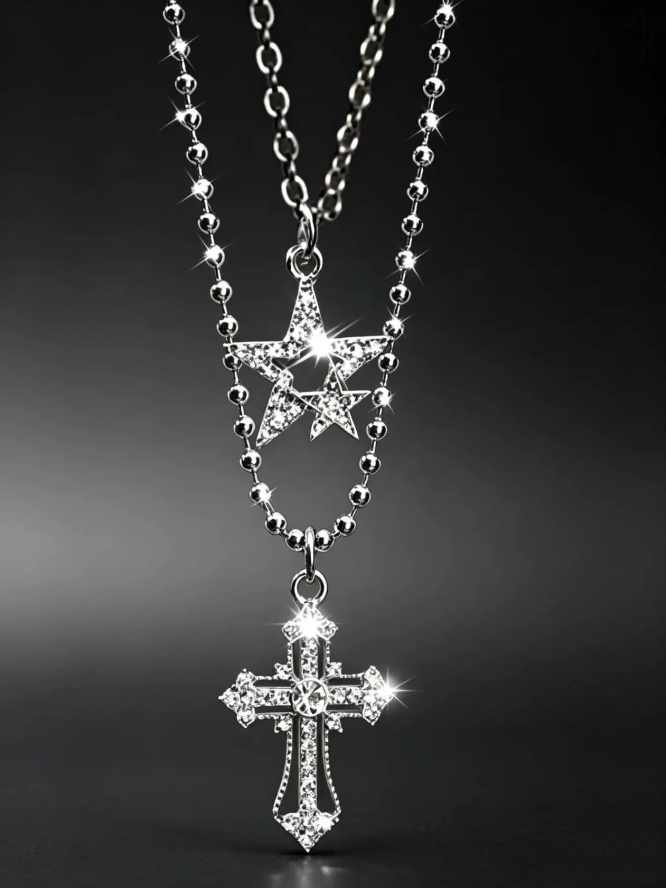 English：Double Layer Star Cross Rhinestone Necklace, Versatile Stainless Steel Jewelry For Me