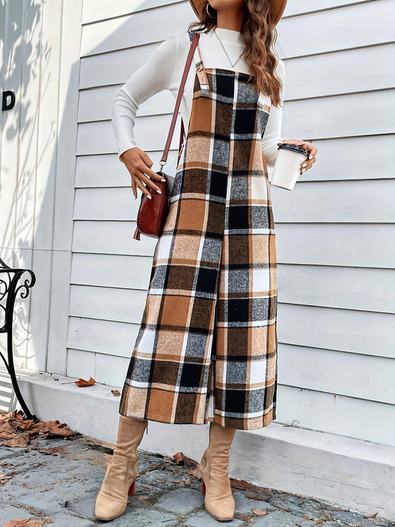 Women's Plaid Wide Leg, Elegant Square Neck Romper, Fitted Woven Fabric, Spring & Fall Fashion, Moderate Thickening, Casual Style Jumpsuit