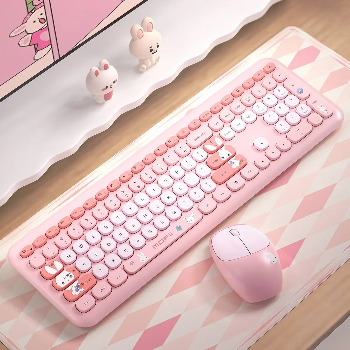 MOFII 666PRO Cute Bunny Wireless Keyboard Mouse Combo, Macaron Mixed‑Color Round Keycaps Office Set QWERTY