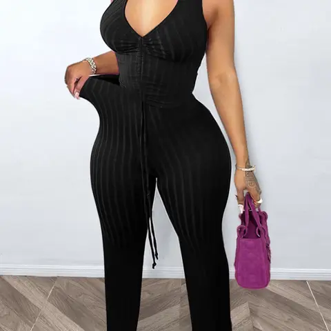 Sexy Tie-Back Deep V Vest Set, Two-Piece with Wide-Leg Pants, Casual Drawstring Design, High-Waisted Fitted Style, Summer Matching Set