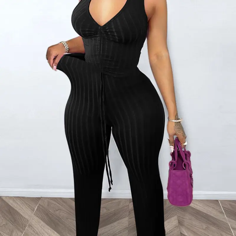 Sexy Tie-Back Deep V Vest Set, Two-Piece with Wide-Leg Pants, Casual Drawstring Design, High-Waisted Fitted Style, Summer Matching Set