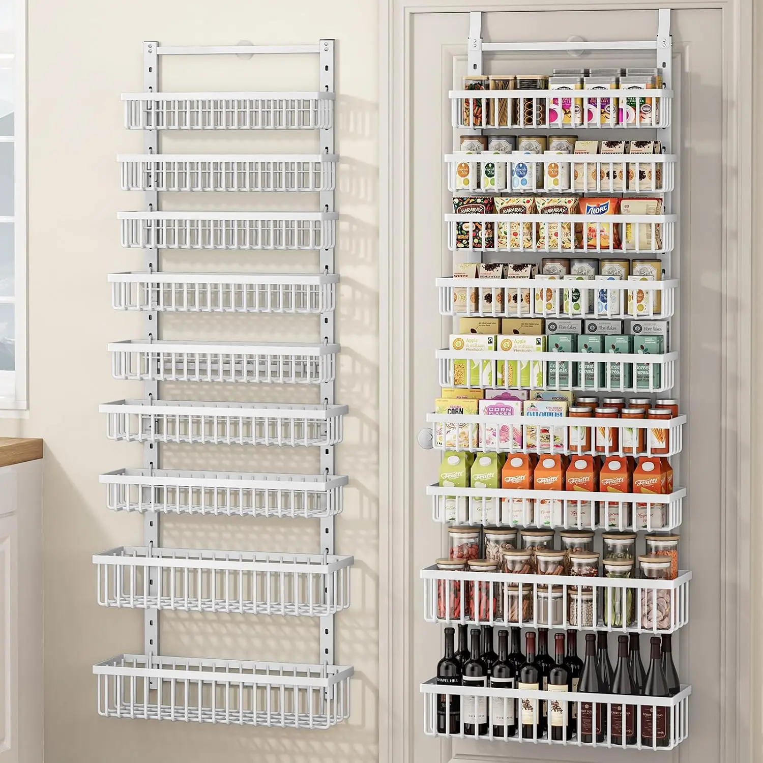 9 Tier Over The Door Pantry Organizer, 2 in 1 Wall Mount or   Rack with Adjustable Deep Basket, Heavy-Duty Seasoning Organizer and Storage for Kitchen Cabinet Closet Bathroom