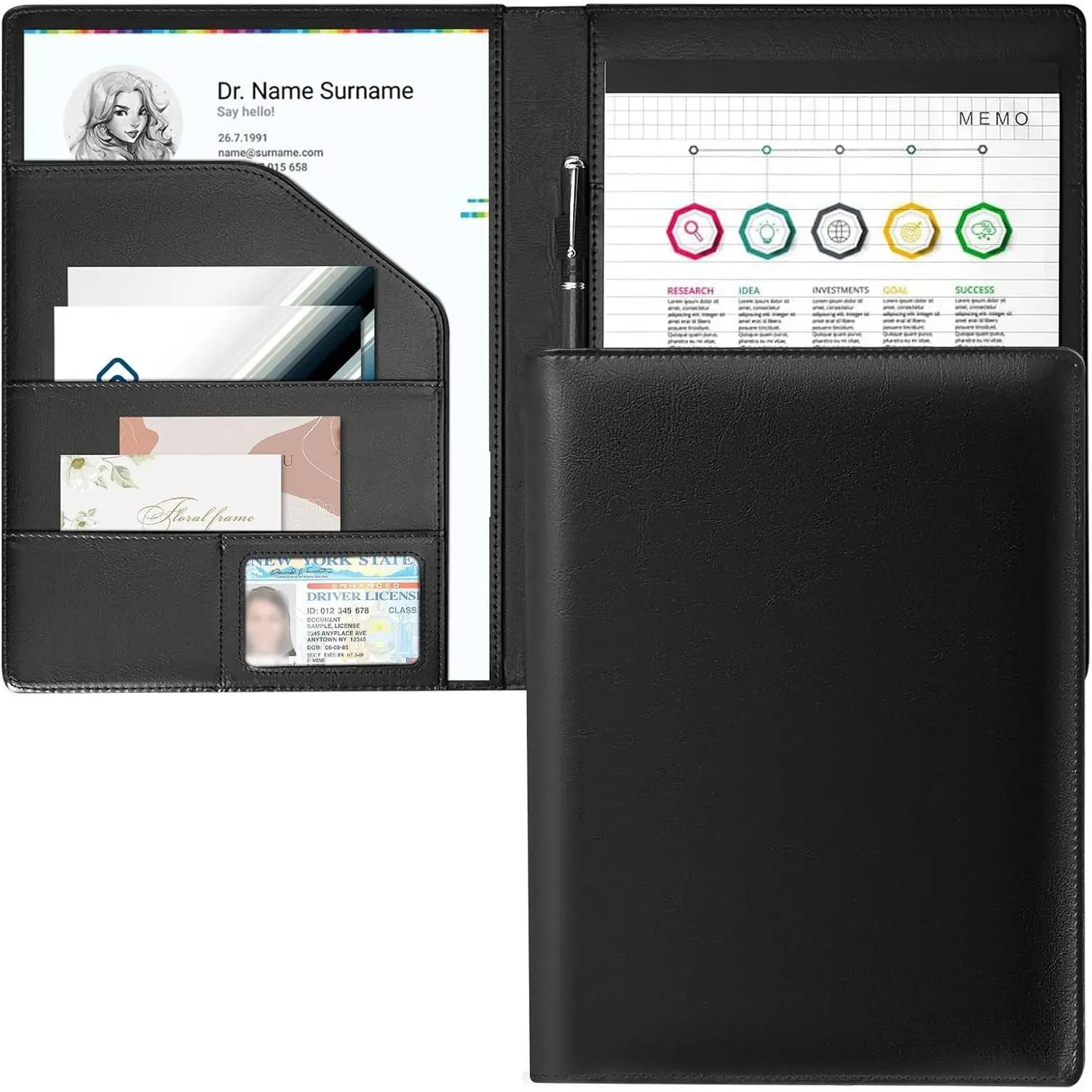 Padfolio Portfolio Organizer Binder, A4 Portfolio Folder Faux Leather Portfolio, Resume Padfolio with Letter Size Notepad & Card Holder, Business Portfolio for Men Women, Black
