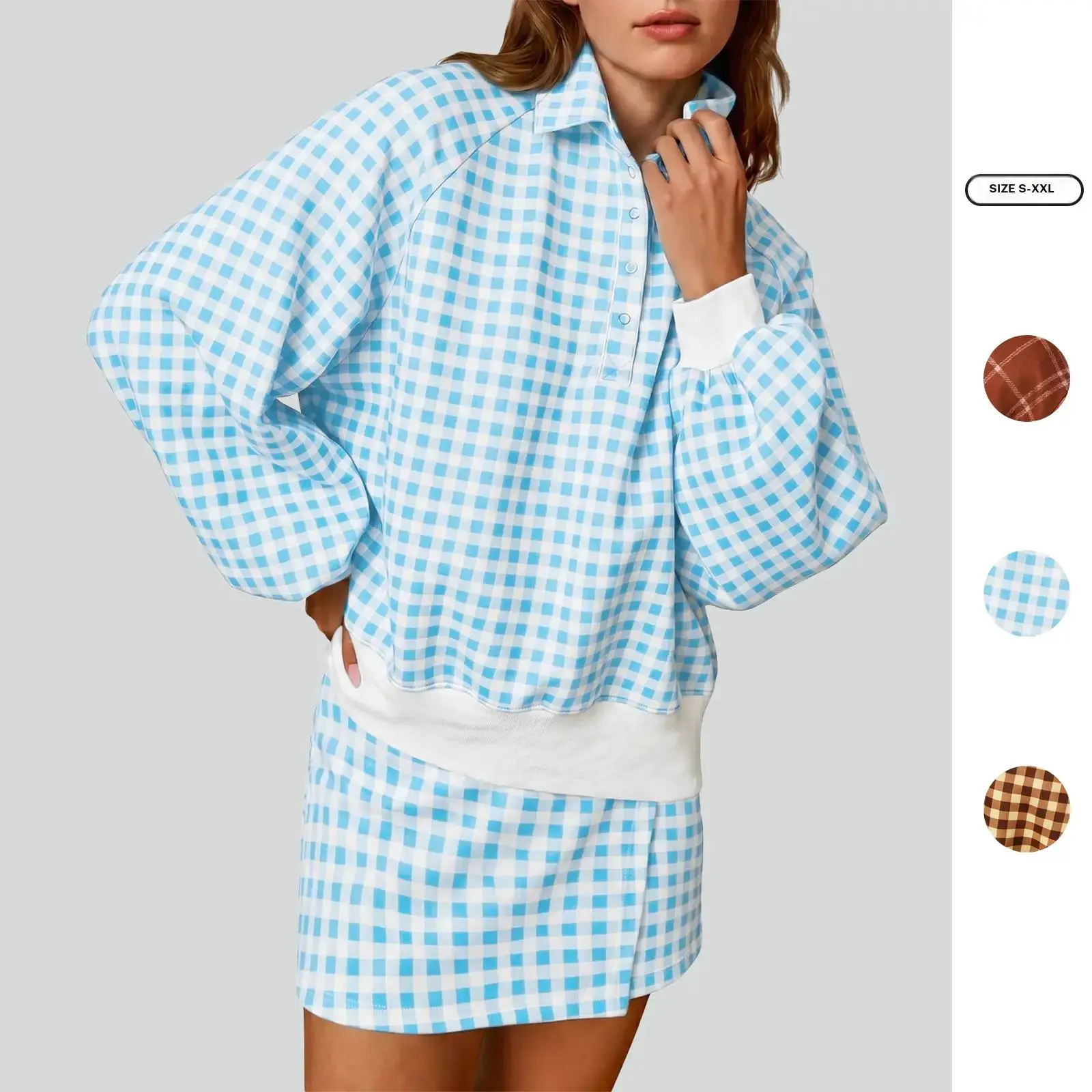 Women's Gingham Collared Lounge Set with Contrast Trim