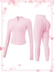 Women's 2-piece Tracksuit set, Sweat Suit Set, Seamless Stand-collar Zipper Windproof Slim Warm Long Sleeve Top & Tight Hip Lifting Pants, Quick Dry Stretchy Breathable with Thumb Holes