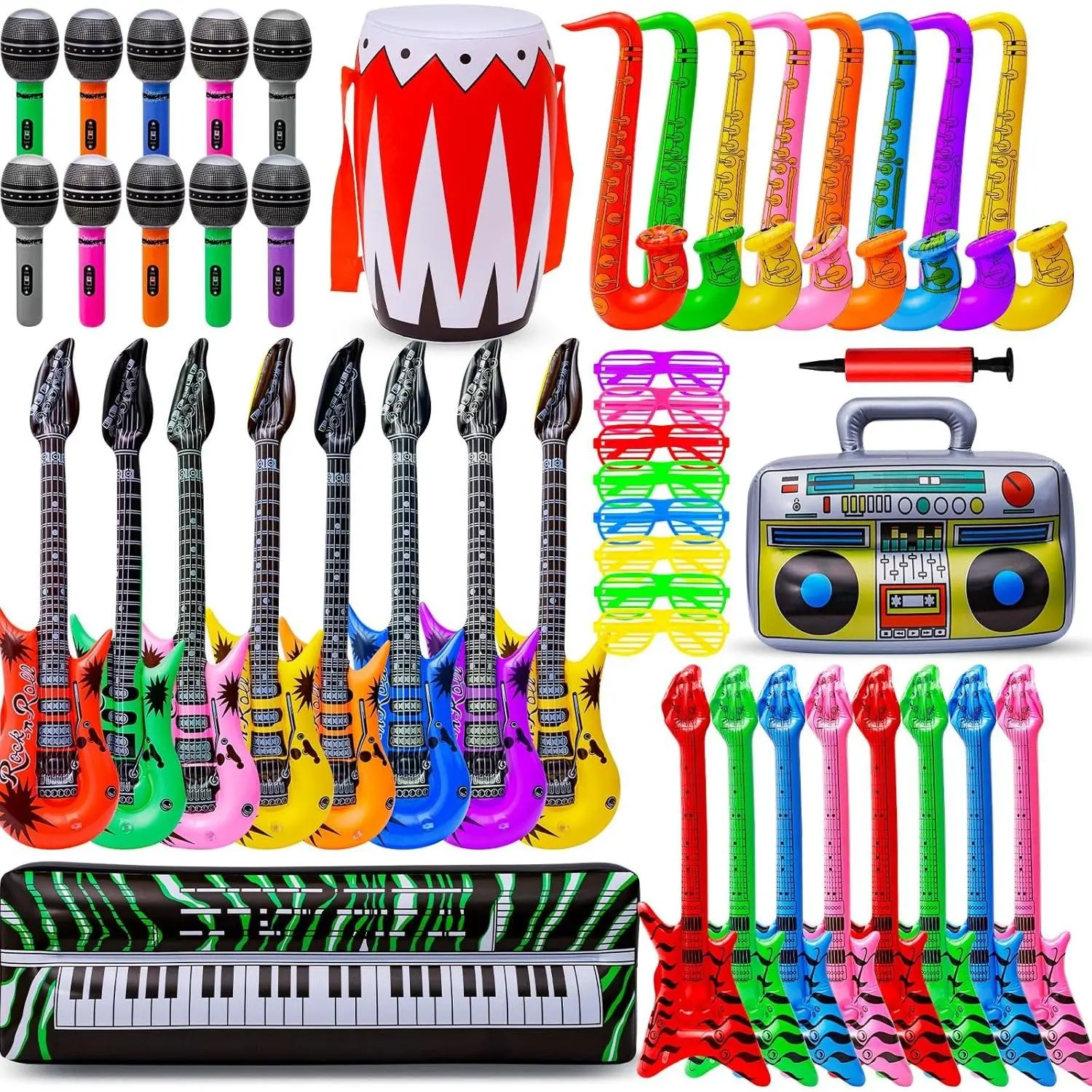48pcs Inflatable Rock Star Toys 80s 90s Party Decorations Inflatable Party Props Musical Instrument Blow up Guitar Rock Band for Carnival Rock and Roll Party Favors Random Color