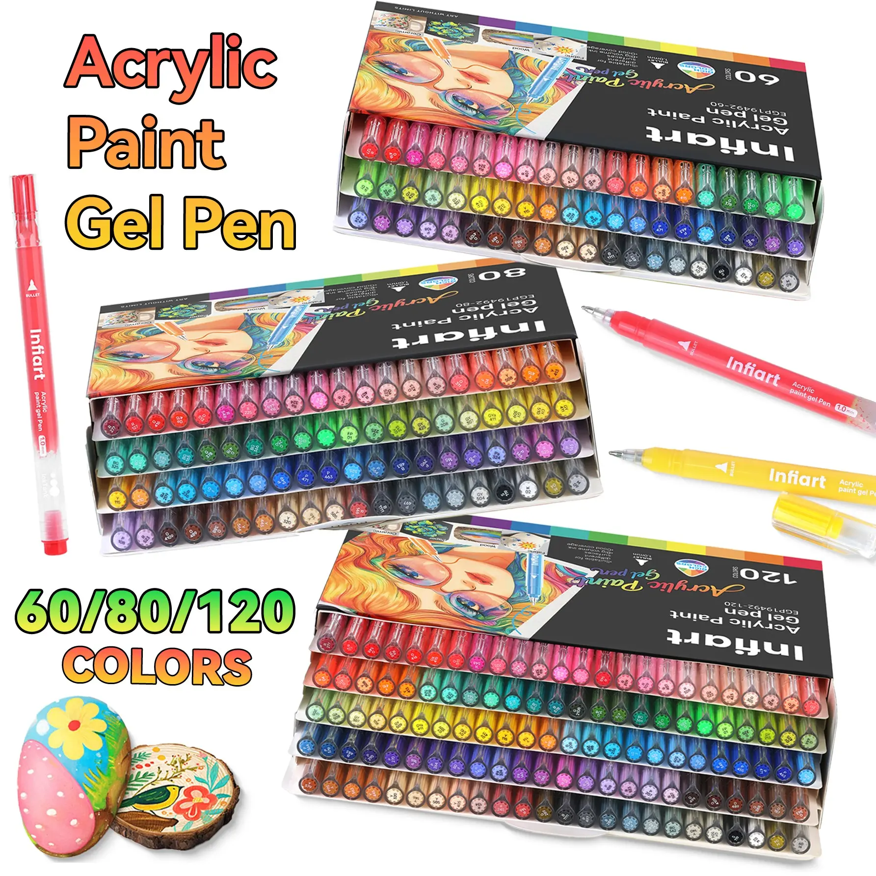 Infiart Acrylic Gel Pen Set, 60/80/120 Colors, Stackable, 1.0mm Tip, Full Color Large Capacity, Artist Supplies for Painting, Anime, Comics
