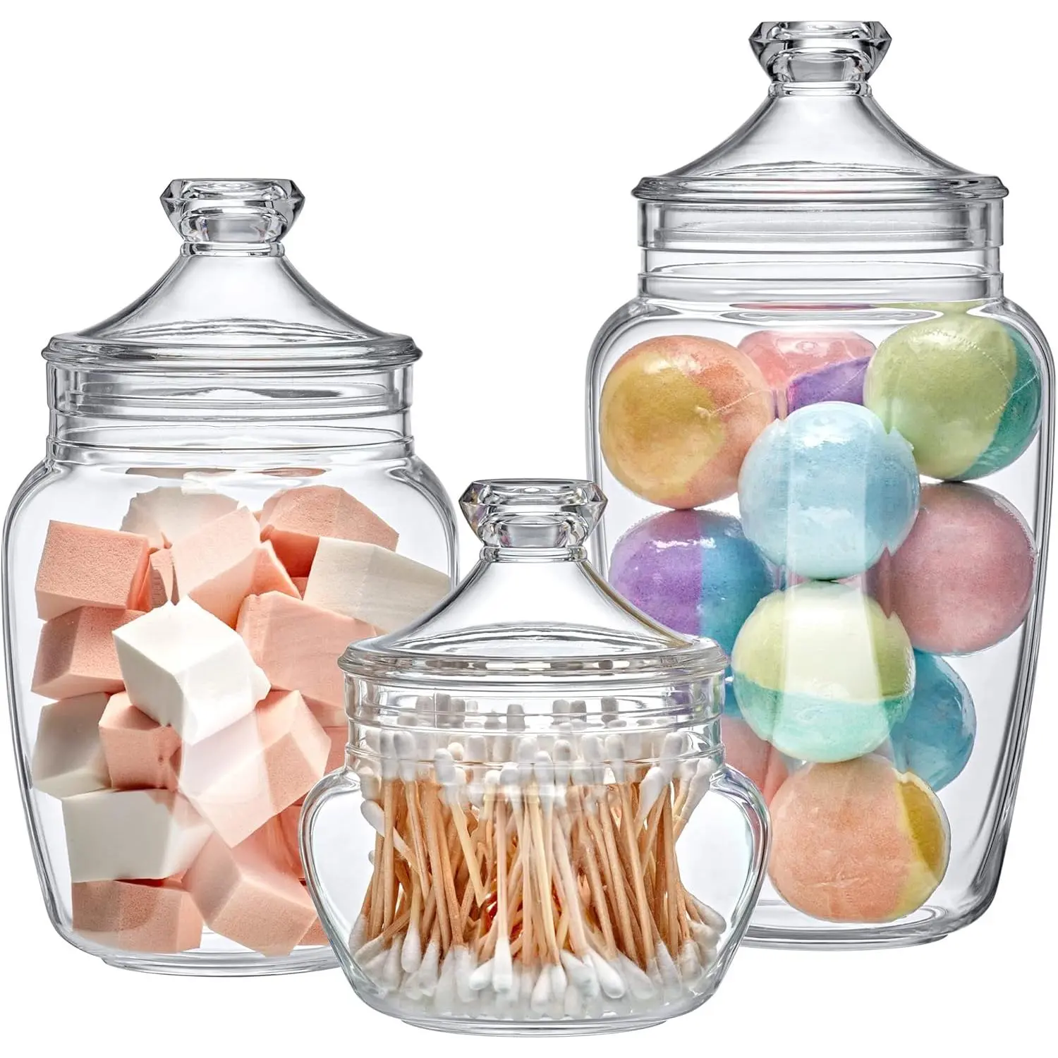 Embrace - Plastic Bathroom Canisters (3-Piece Set, 60/42/24 oz) (NOT Glass), Acrylic Apothecary Jars for Vanity, BPA-Free and Shatter-Proof, Great for Cotton Balls and Bath Sponges