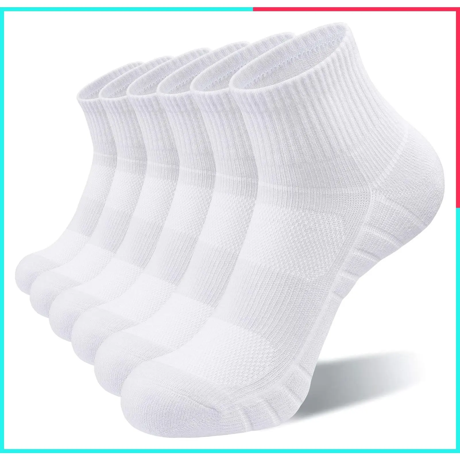 Athletic Quarter Socks for Men & Women – Breathable Cotton Mesh, Cushioned Arch Support, Non-Slip Ankle Design for Running, 6 Pack