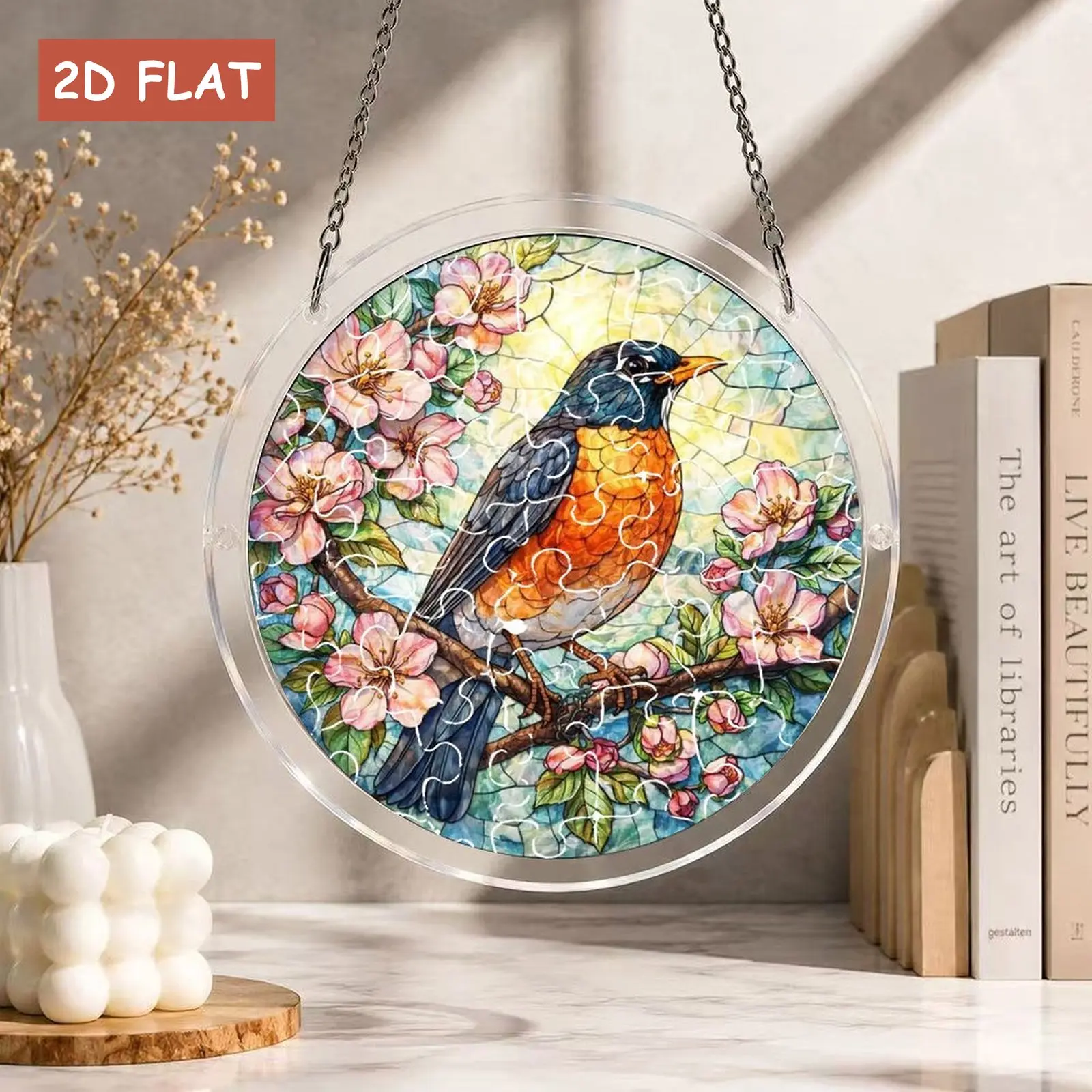 American Robin Bird Acrylic Jigsaw Puzzle Suncatcher Kit,  Spring Blossom Window Hanging , Stained Glass Effect Sun Catcher Nature Bird Lovers Home Decor Gift