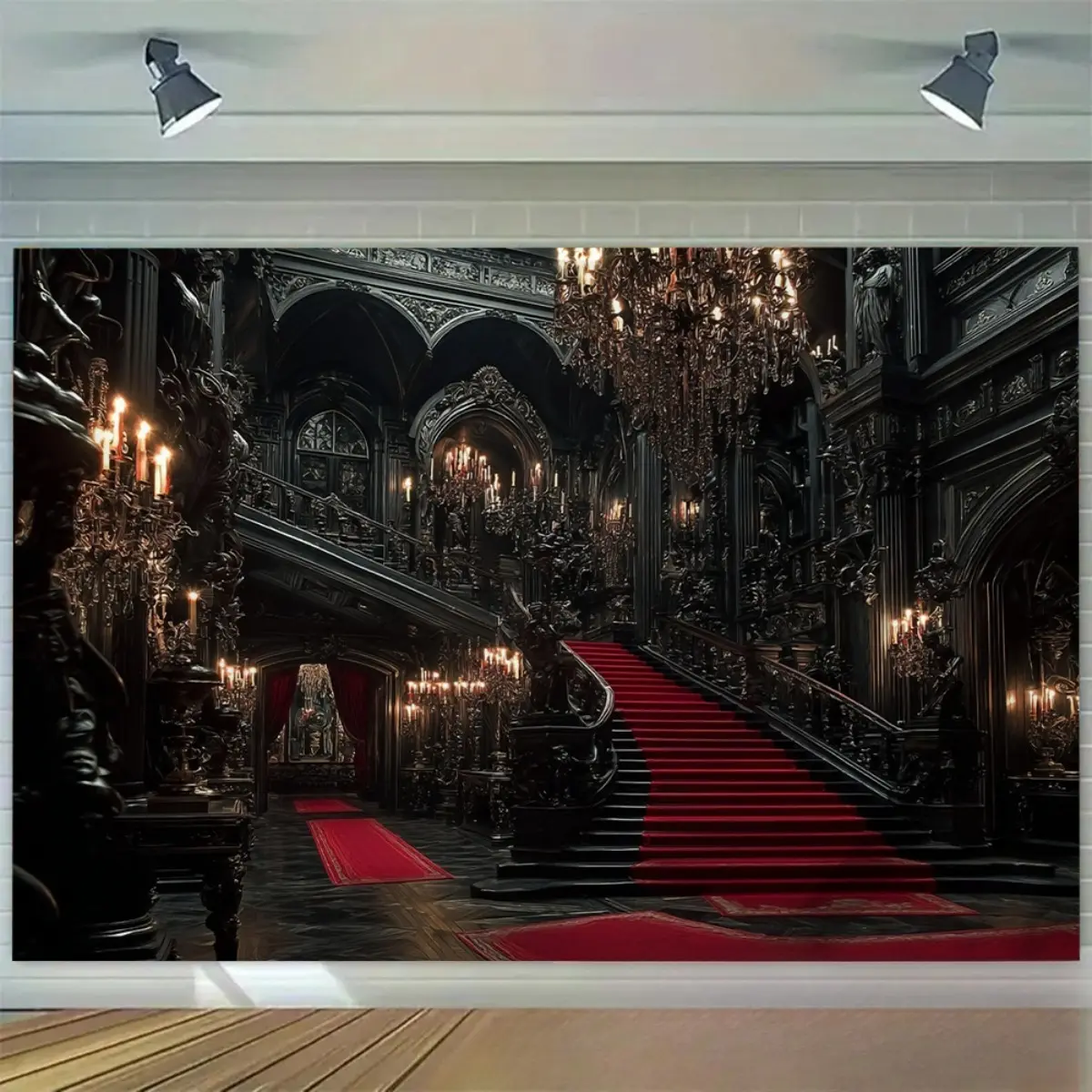 Vampire Castle Backdrop, Gothic Banner Featuring Dark Red Carpet, Chandelier And Mysterious Castle Interior Design, Perfect For Halloween Parties, Vampire Events, Photography Backgrounds, Themed Decorations And Wall Hanging
