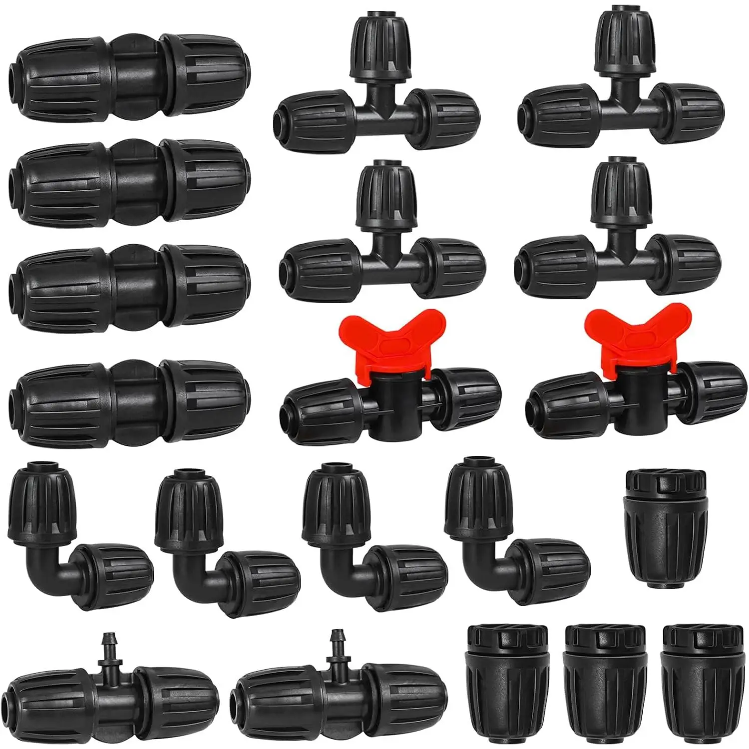 1/2 Inch Drip Tubing Irrigation Fittings Kit - 20 Pieces Set 1/2'' Drip Line Anti-Drop Barbed Lock Nut Connectors- 4 Couplings 4 Tees 4 Elbows 2 Valves 2 1/2'' to 1/4'' Reducers 4 Plugs