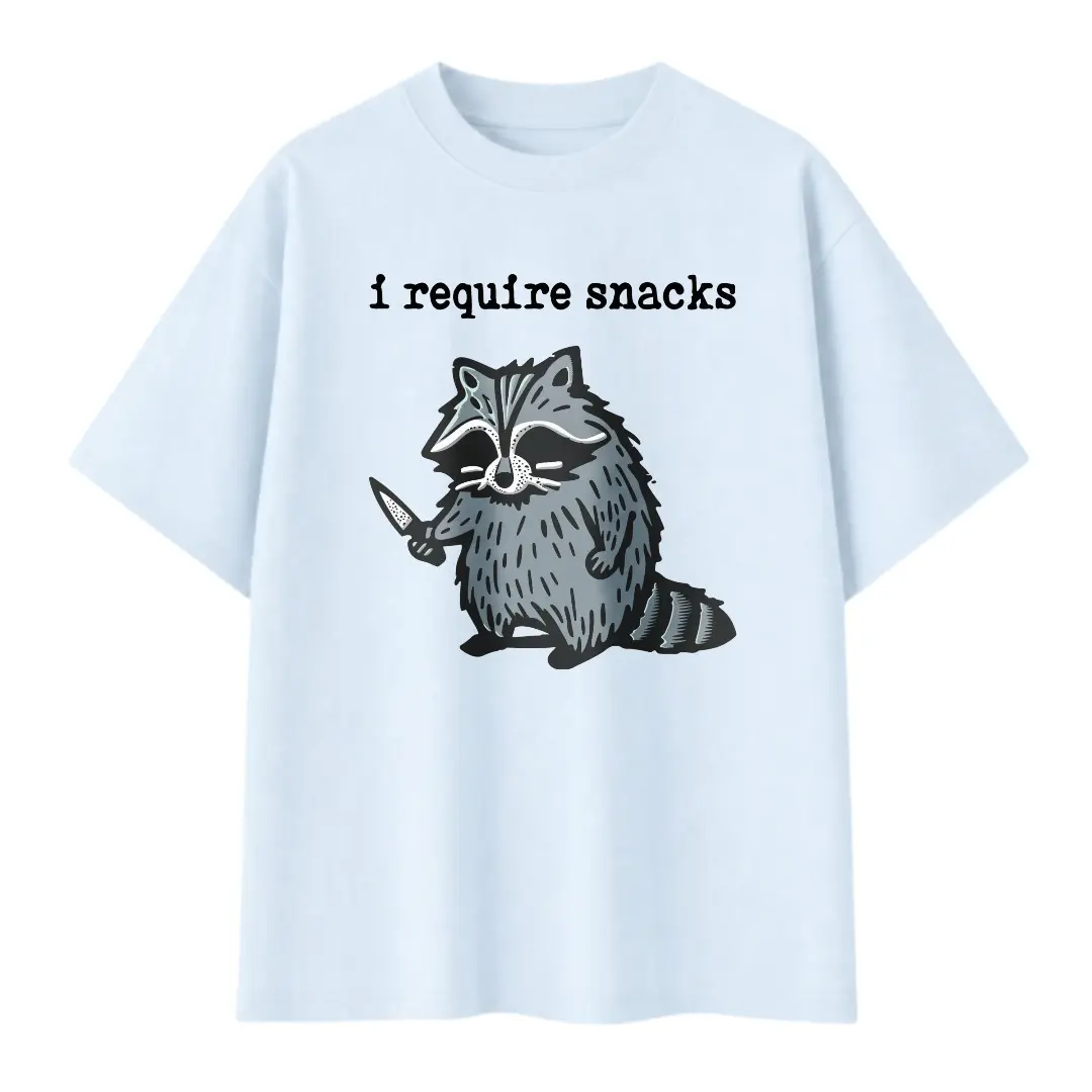 Casual Funny Style, Men's T-Shirt, Raccoon Holding Knife With I Require Snacks Text Graphic, Summer Daily Wear Casual Outing, Gift For Boyfriend Husband Male Friend Raccoon Lover,100% Cotton Unisex Oversized  Tshirt (S-3XL)