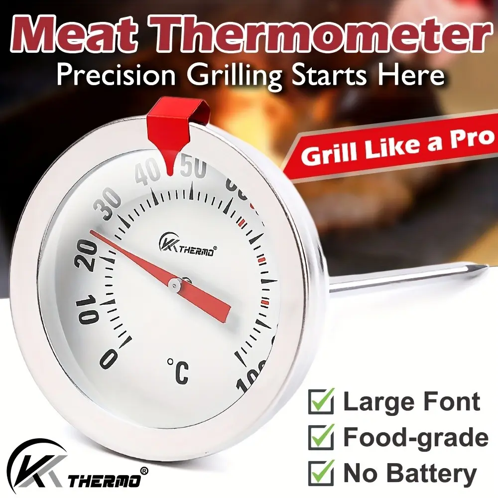 BBQ Meat Thermometer with Indicator Clip, Analog Temperature Gauge, Stainless Steel Probe, Safe for Grill and Oven, Ideal for BBQ, Smoking, Baking