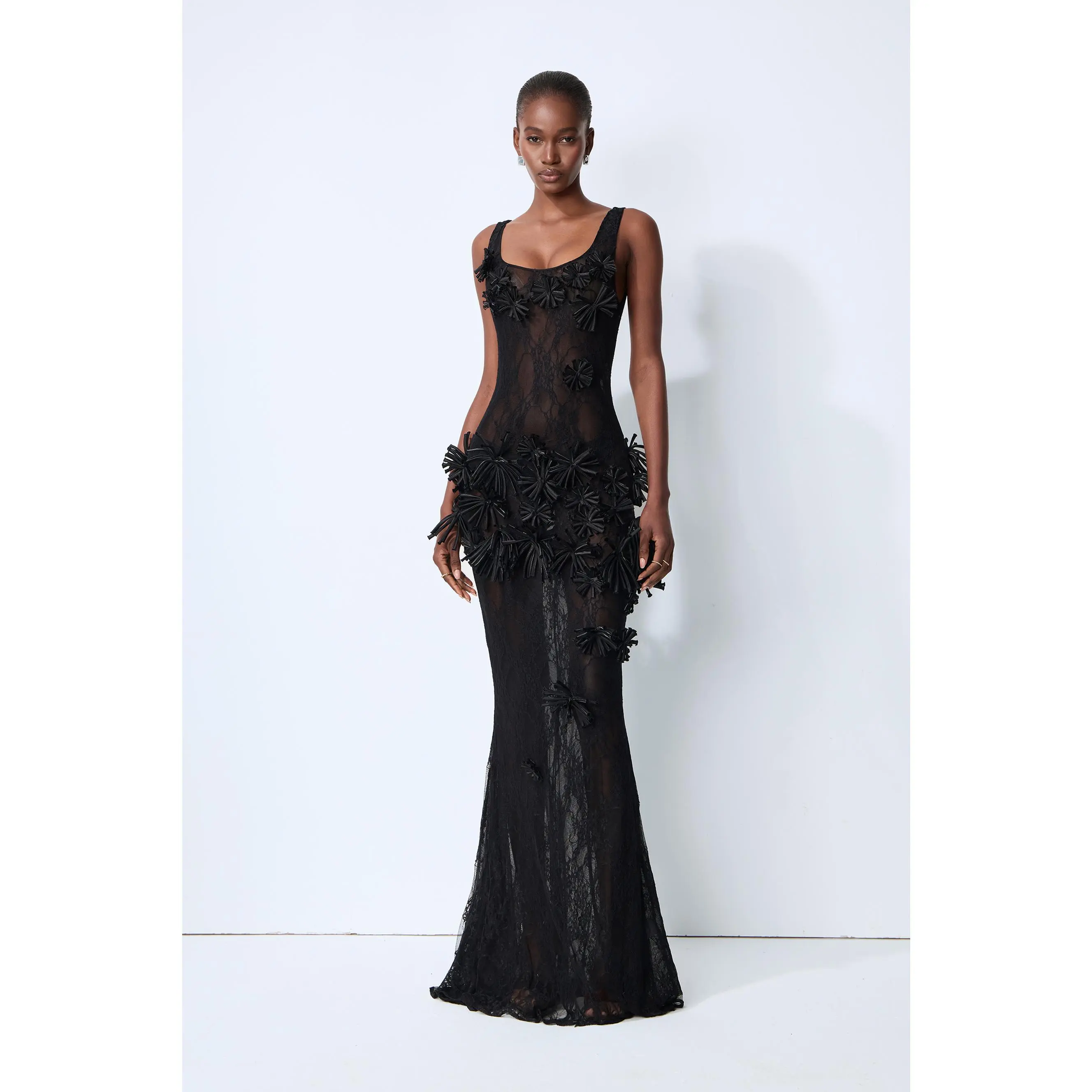 Sunfere Black Sheer Lace Floral Applique Maxi Dress - 3D Mermaid Gown Scoop Back Dramatic, Black-Tie Gala Red Carpet Formal Event