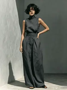 D1624 Retro Minimal Solid Linen Suit for Women, High Neck Sleeveless Top & High Waist Wide Leg Pants Casual Daily