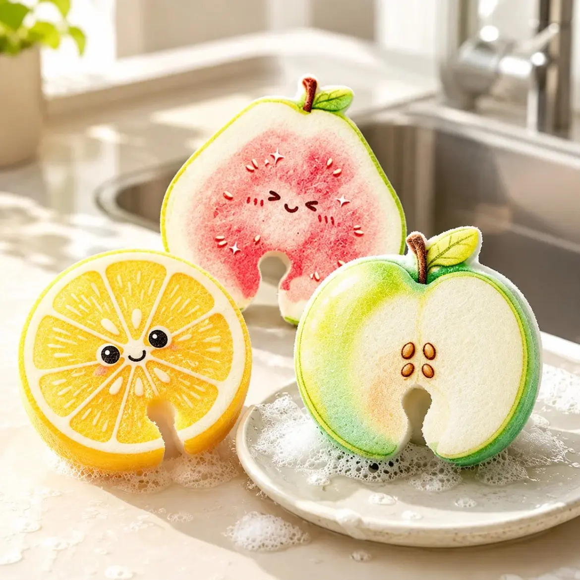 Compressed Cellulose Sponge Set, 3-Pack Fruit-Shaped Natural Kitchen Sponges, Dishwashing Sponge, Biodegradable Plant-Based Cleaning Tools, Safe for Surfaces