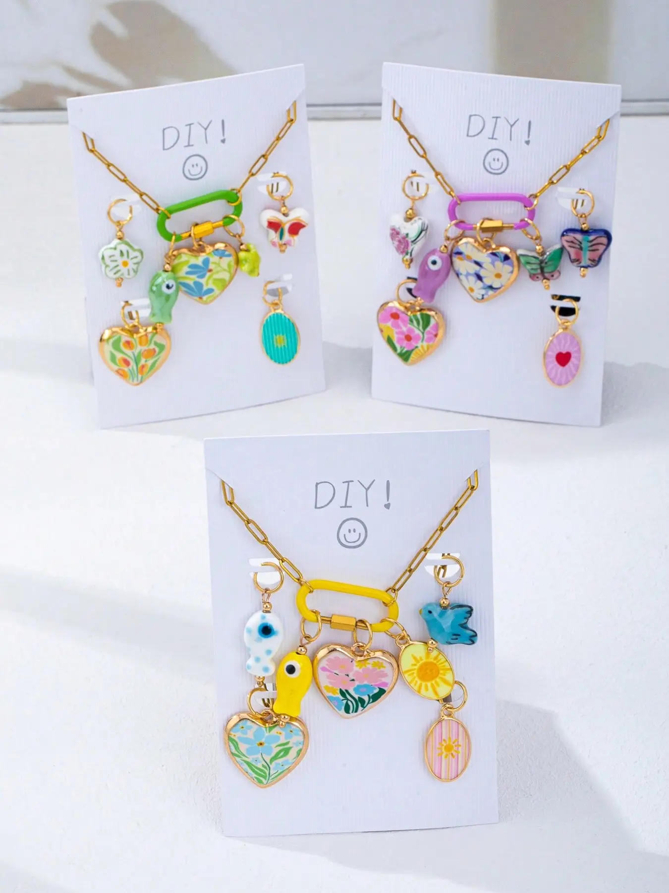 Women's Floral Heart Sunburst Fish Pendant Necklace Set, Detachable Enamel Clasp Chain with Carabiner, Y2K Style DIY Jewelry Kit, Costume Jewelry Accessory