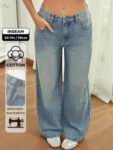 Wanduyini Adjustable Waist Straight Leg Jeans for Women Y2K Baggy Jeans with Snap-Button High Rise Denim Pants