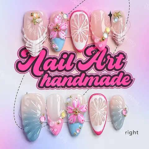 Delicatething Y2K Style Almond Artificial Nails, Decorative Nails, Handmade, 4 Sizes XS-S-M-L, Perfect for Parties, Dates, Includes Jelly Glue, Crystal Stick, File