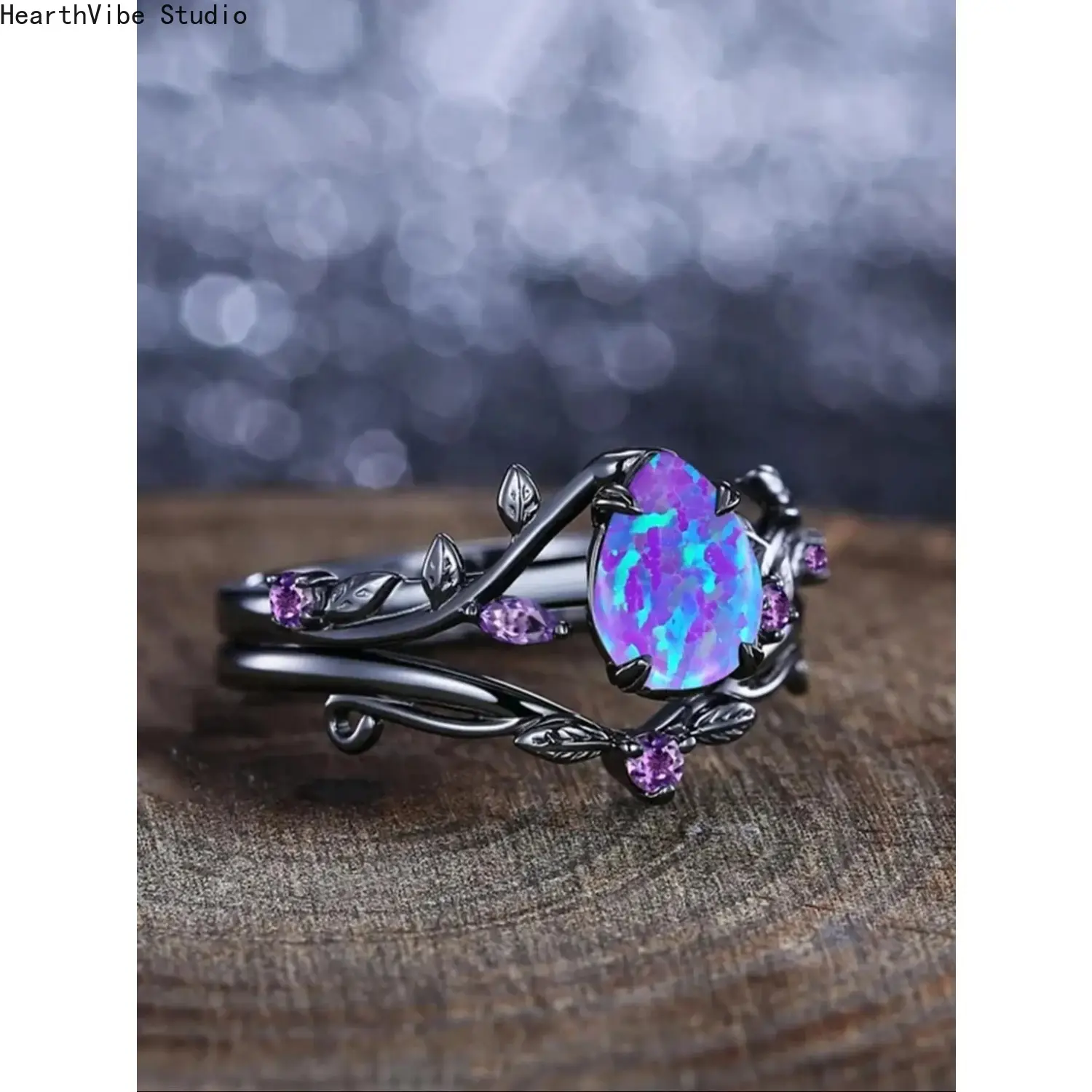 2026 Unique Black Ring Set Beautiful Rings Water Drop Design Synthetic Opal Inlay Stackable Statement Rings Stackable Finger Rings for Women & Girls, Women's Engagement Ring & Birthday Gift Jewelry Accessory