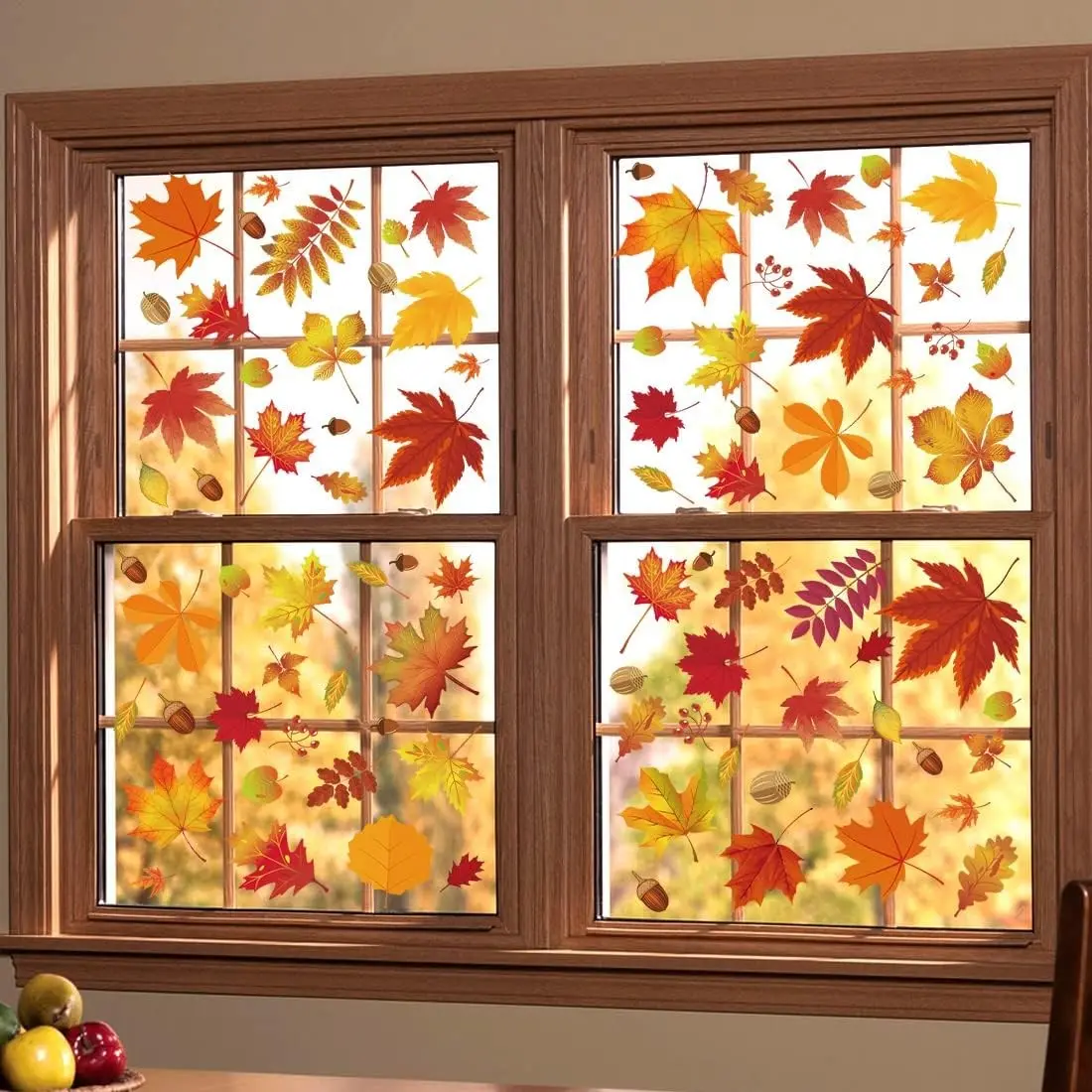144 Patterns/6 Sheets Thanksgiving Maple Leaf Stickers, Harvest Festival Static Window Decals, Autumn Atmosphere Decorative Stickers