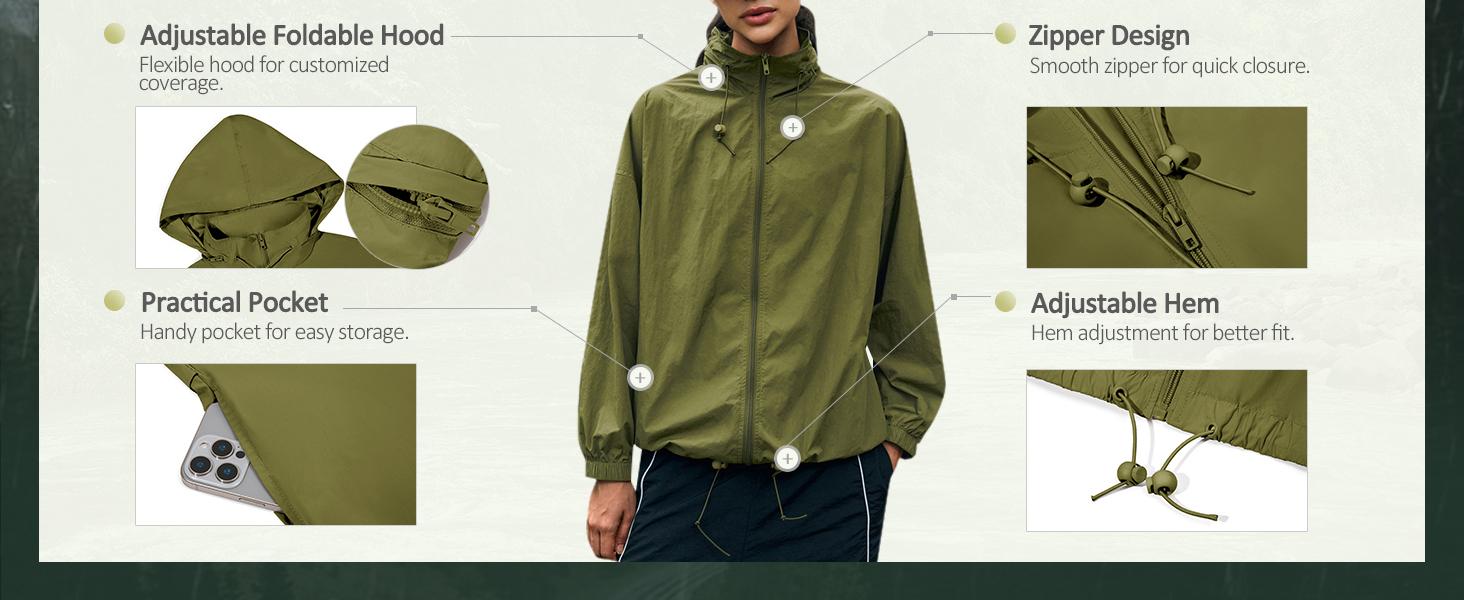 Yousify Womens Waterproof Rain Jackets Lightweight Zip Up Raincoat Outdoor Hiking Hooded Windbreaker with Pocket