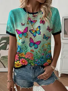Elegant Women's Butterfly Floral Print Round Neck Sweater, Casual Short Sleeve Knit Top, Breathable Fashion for All Seasons