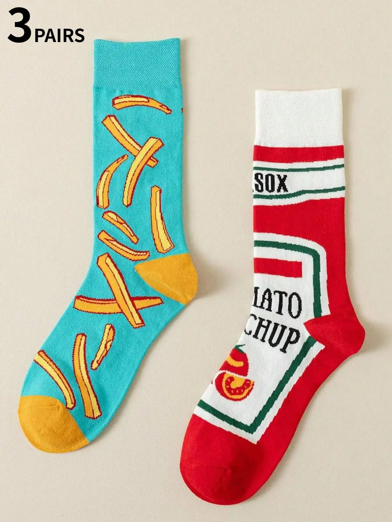 3-Pair Set of French Fries & Ketchup-Printed Creative and Fun Mid-Calf Socks for Men: Knee-High Socks, Casual Socks, Funky Socks, Socks Pairs, Dopamine Color-Blocking, Whimsical Food-Printed Sock Set—The Perfect Novelty Prank Gift