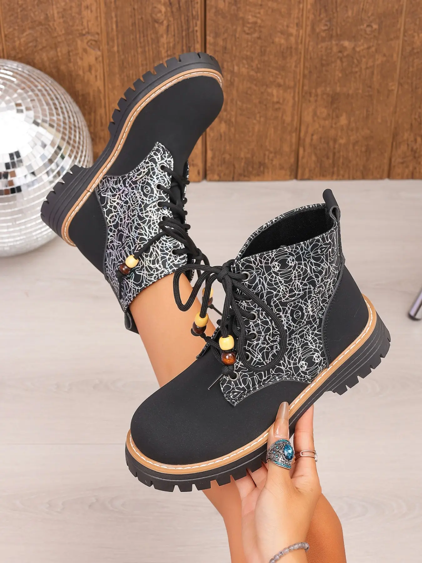 Custom Line Graffiti High Top Motorcycle Boots, Colorful Wooden Bead Decoration, Versatile Fall Winter Workwear Boots