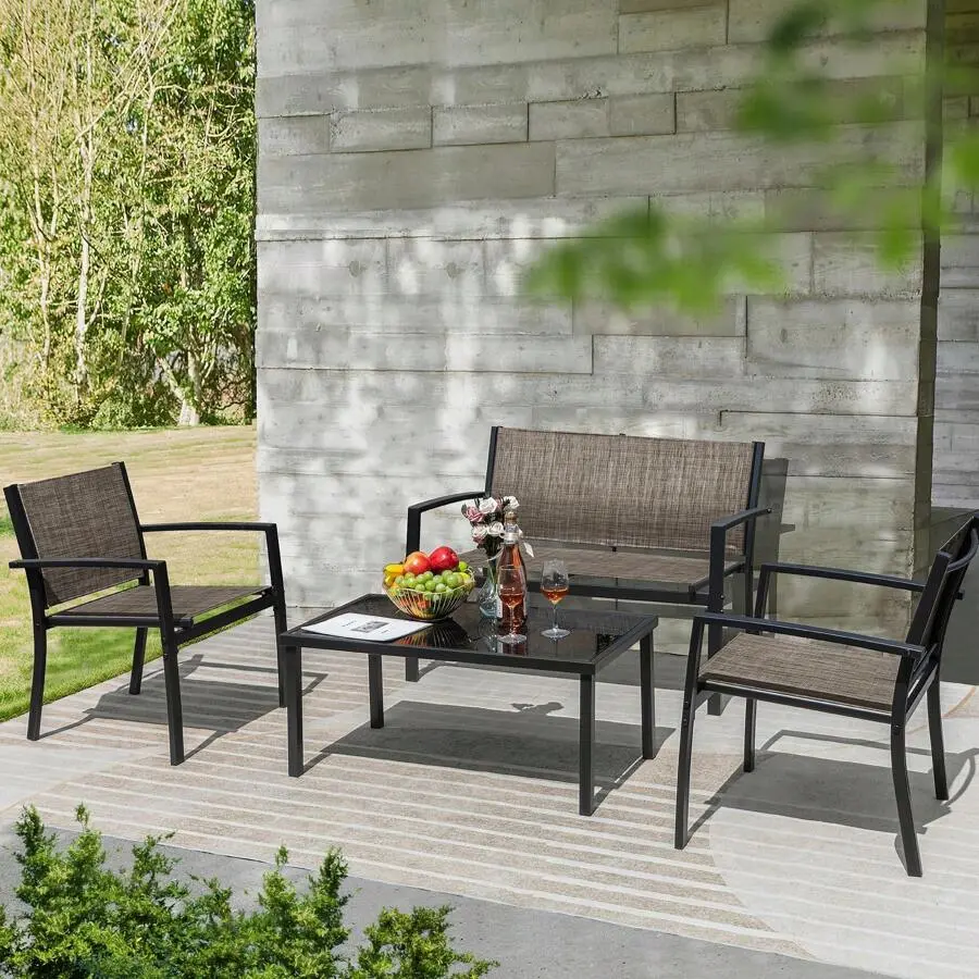 Flamaker 4 Pieces Patio Furniture Outdoor Furniture Outdoor Patio Furniture Set Textilene Bistro Set Modern Conversation Set Black Bistro Set With Loveseat Tea Table