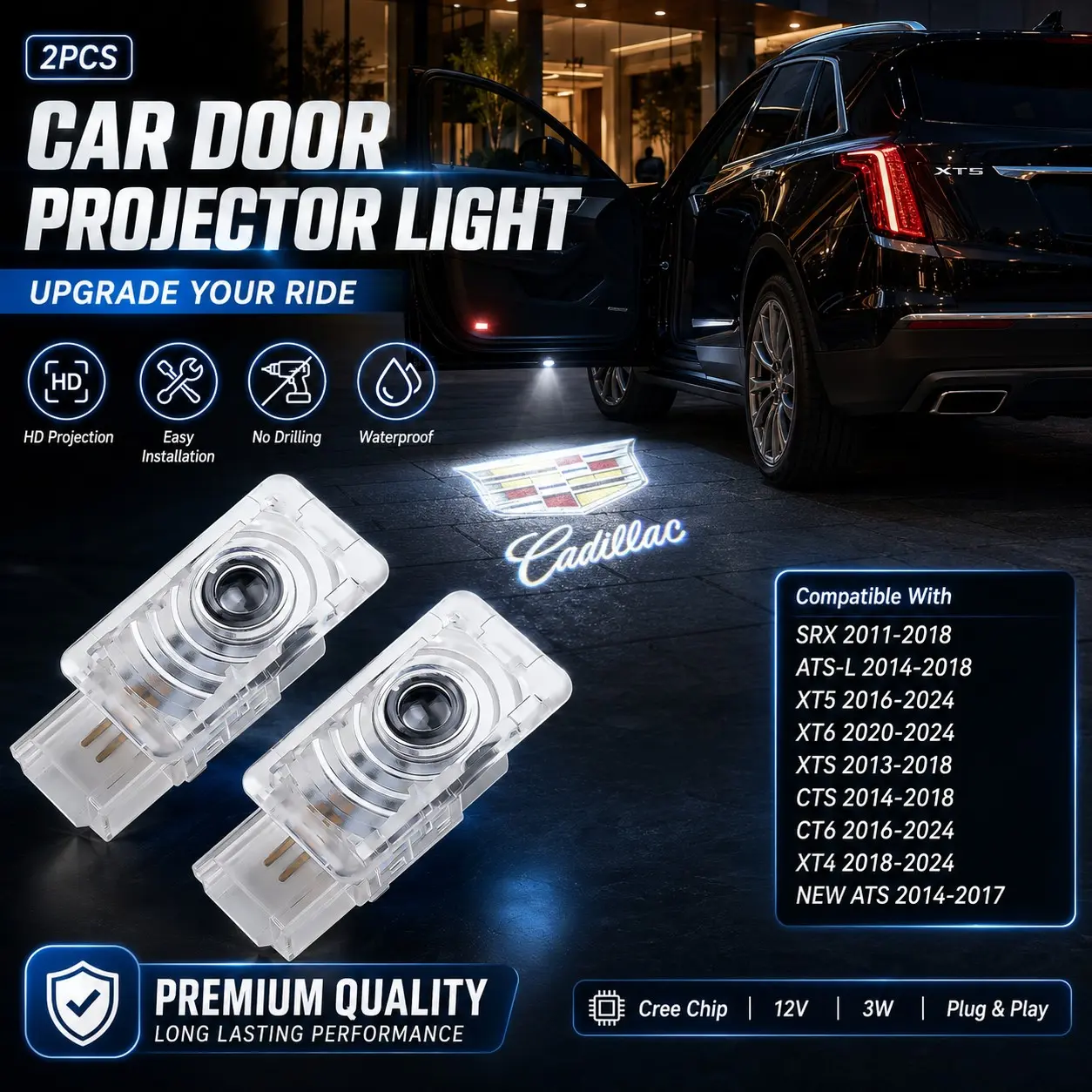 💡🚗2PCS Car Door Projector Lights Vehicle Led for Cadillac XT4 XT5 XT6 CT6 CTS XTS SRX ATS-L, LED Welcome Logo Ghost Shadow Light, 12V 3W Cree Chip, Plug & Play No Drilling, Waterproof Interior Courtesy Lamp Accessories