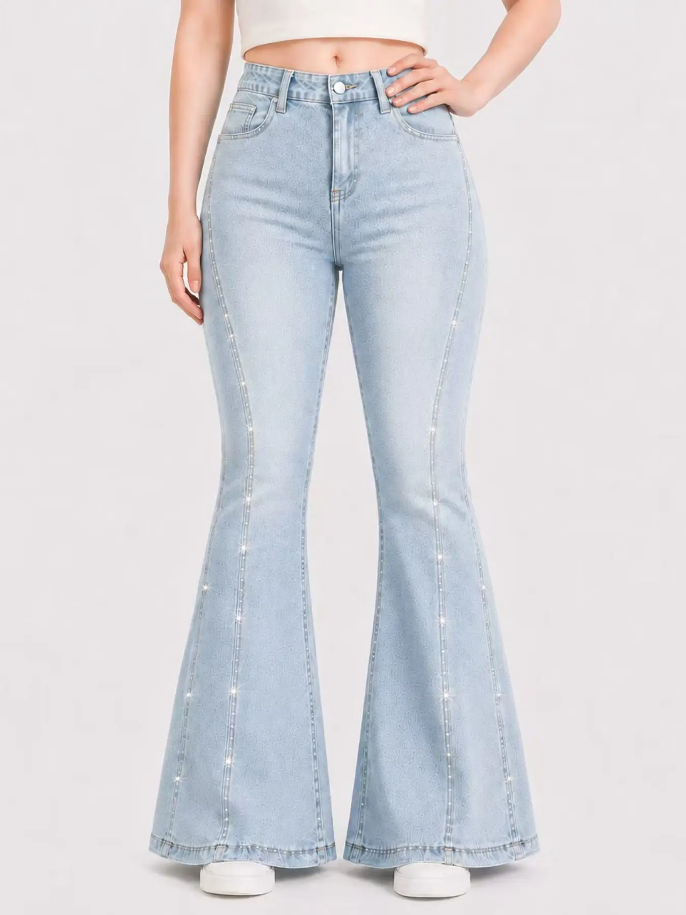 Women's Y2K Style Bell Bottom Jeans, Raw Edge Fringe & Pearl Decor, High-Waisted Flared Denim Jeans, Casual Streetwear