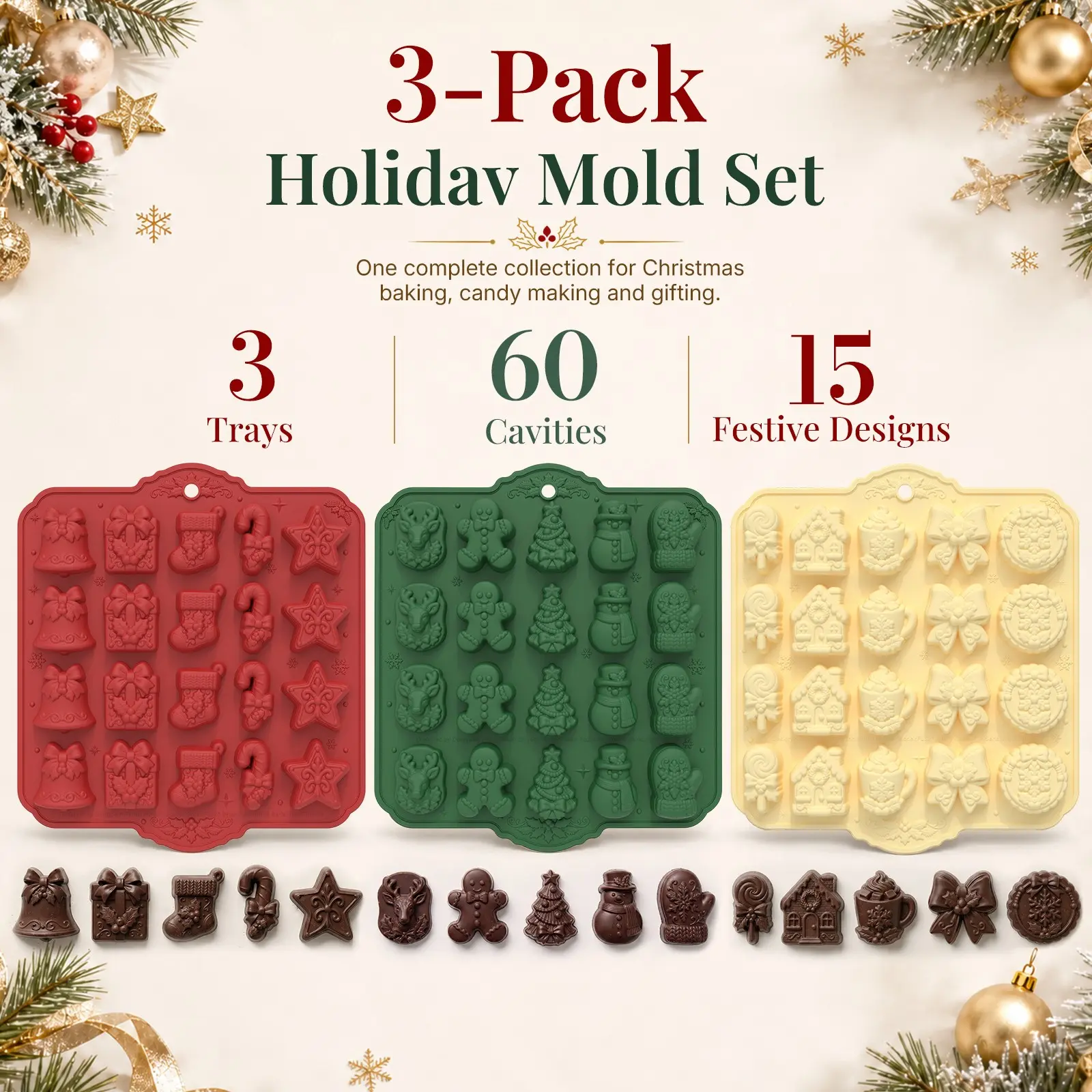 3pcs/set Christmas Mini Cake/ice Cube Molds, Bell Gingerbread Man Lollipop Creative Shapes, Silicone Candy Jelly Chocolate Baking Mold, DIY Resin Mold