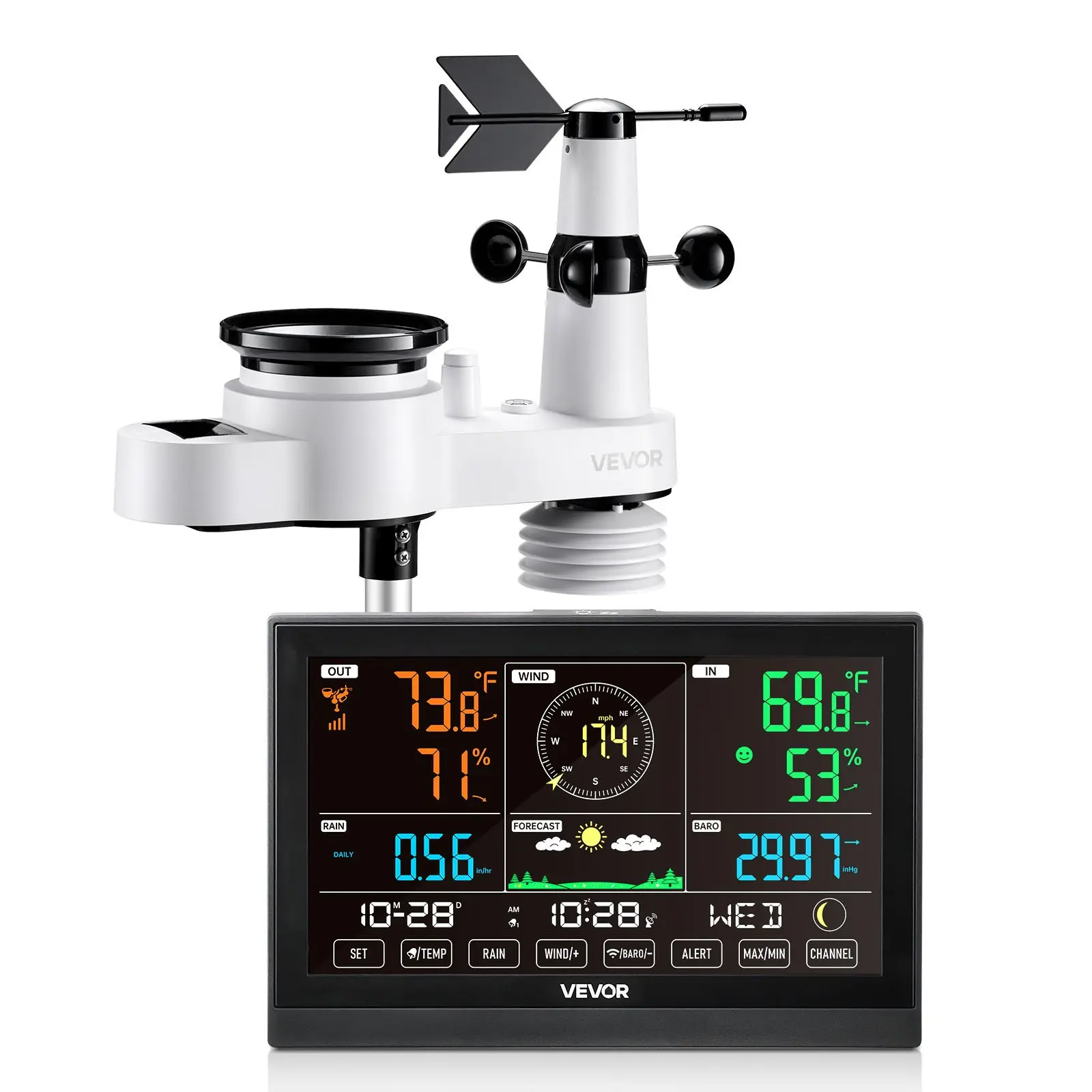 VEVOR Wireless 5-in-1 Weather Station with 7.5-in VA Embedded Screen Display, Solar-Powered Outdoor Sensor, Rain Gauge, Dashboard Controller Indoor-Outdoor Thermometers, Wind Speed & Direction Tracking (No WiFi)
