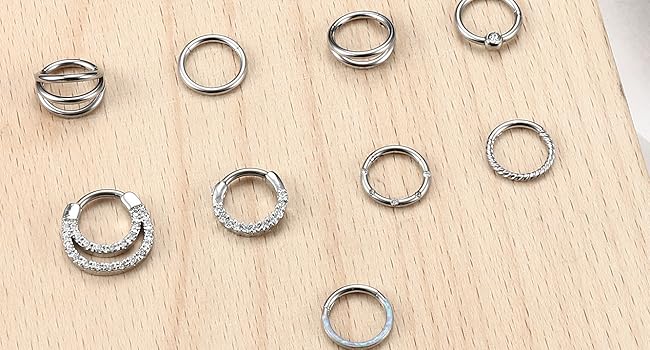 Besteel 9 Pcs Hypoallergenic Septum Rings 16G Surgical Steel CZ Opal Clicker Hinged Nose Rings Hoop for Women Men Lip Conch Tragus Helix Daith Cartilage Earrings 8mm 10mm Jewelry Band