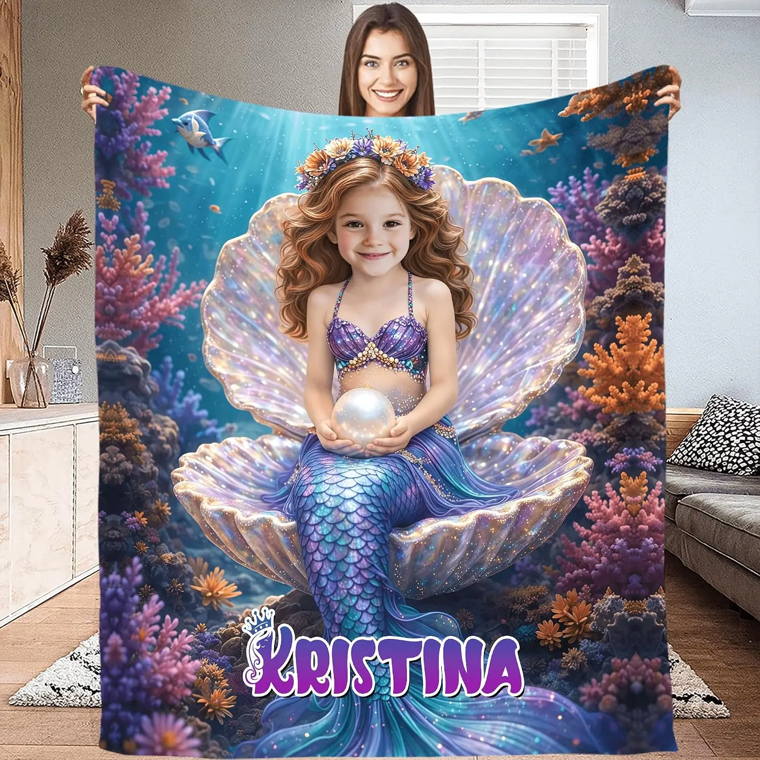 Personalized Princess Blanket for Girls – Custom Photo Face Princess Blanket, Soft Flannel Throw for Kids Bedroom Room Decor, Birthday