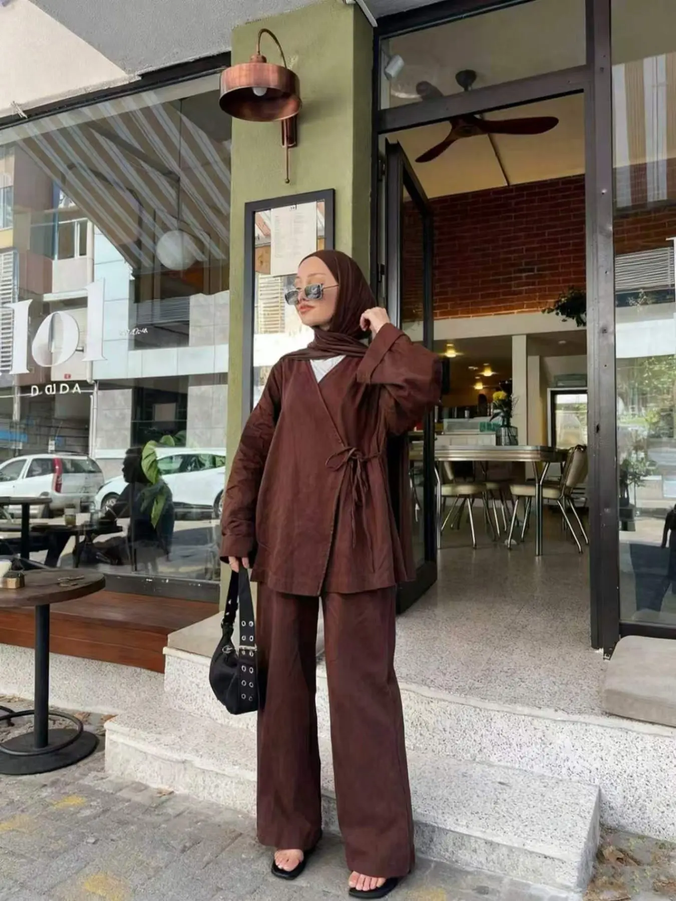 Deep Asymmetrical Tie-Back Long Sleeve Open Front Cardigan & Wide Leg Pants Set, Middle Eastern Muslim Conservative Women's Solid Color Two Piece Set Women