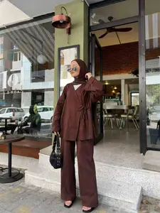 Deep Asymmetrical Tie-Back Long Sleeve Open Front Cardigan & Wide Leg Pants Set, Middle Eastern Muslim Conservative Women's Solid Color