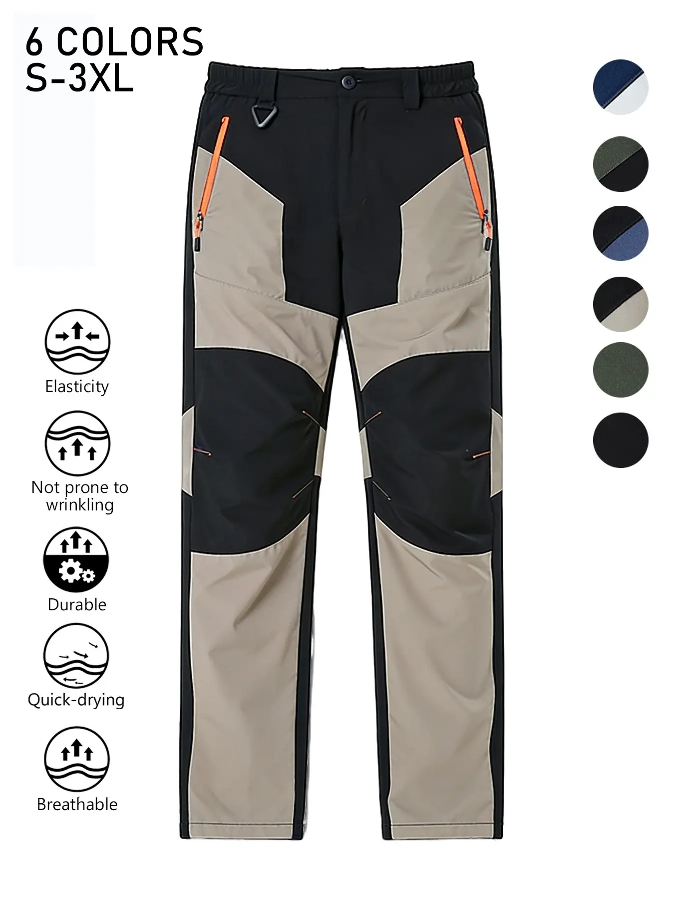 Men's Color Block Quick Dry Hiking Pants, Elastic Waist Breathable Stretch Outdoor Trekking Trousers, Wrinkle Resistant Durable Straight Pants with Zipper Pockets for Mountaineering Cycling Fishing Summer Sports Daily Wear, 6 Colors Available Sizes S-3XL