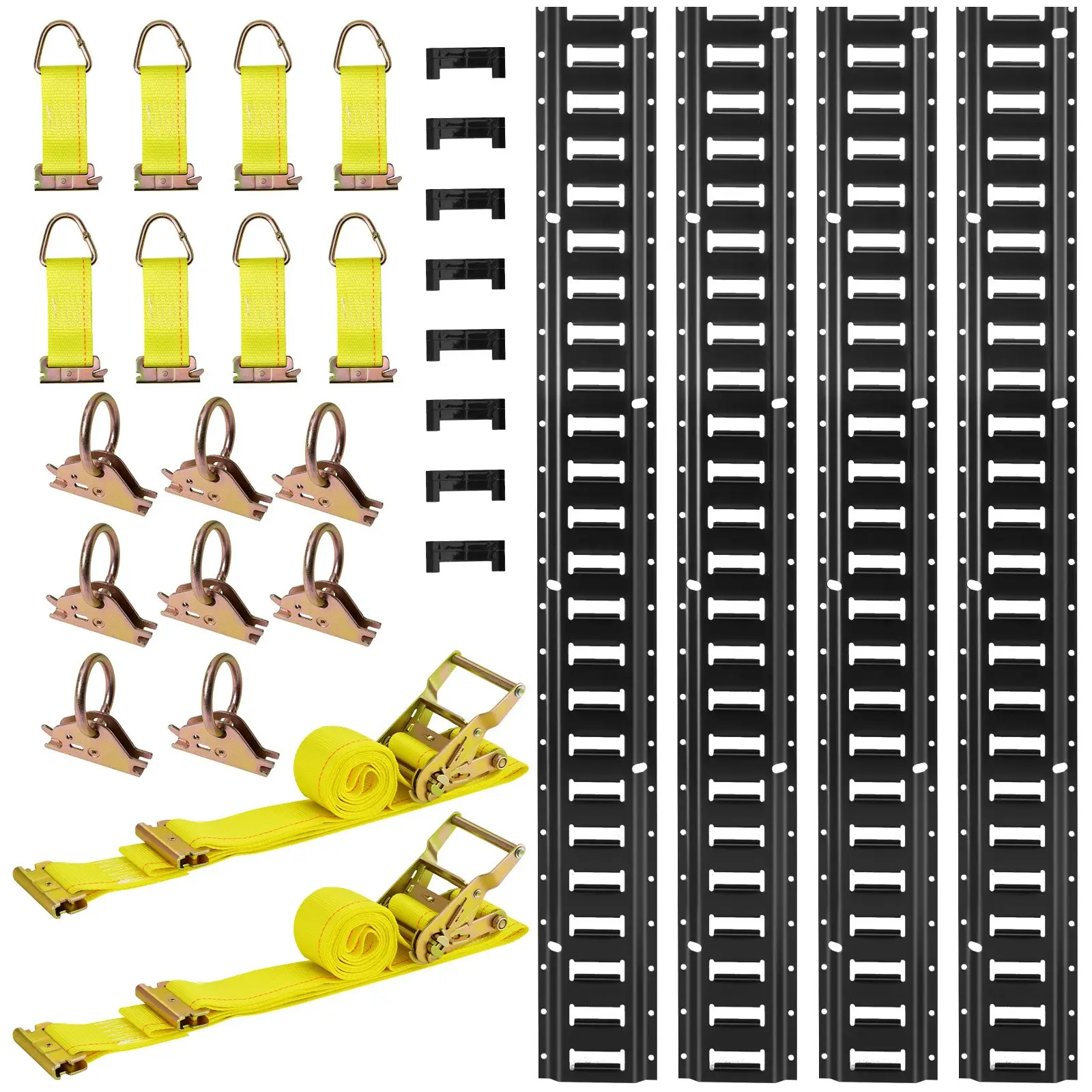 【DealsForYouDays】VEVOR E-Track Tie-Down Rail Kit, 4 Pack 7.7 ft E Track Rails, 26 Pcs Includes 2 Ratchet Straps 8 O-Rings 8 Tie-Offs with D-Ring 8 End Caps, Fit for Garages Vans Trailers Motorcycles