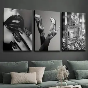 2D flat framed 2D graphic effect, 3-piece set of wooden framed canvases, fashionable female and perfume themed poster, fantasy decoration, framed painting, modern art, canvas, perfect gift for friends and family, suitable for home, room wall art, office,