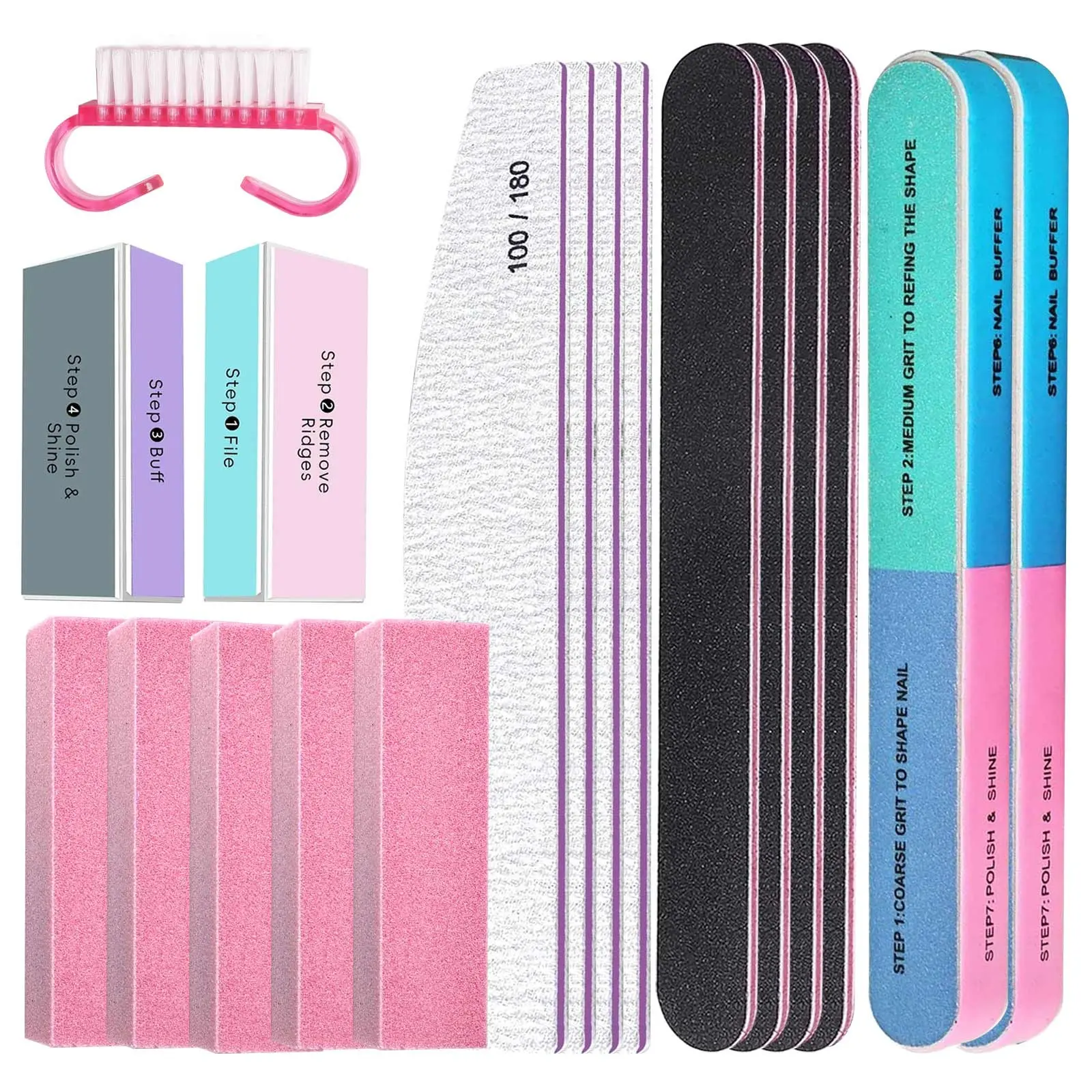 18pcs/Set Professional Nail Files Manicure Sets Polishing Sanding Buffer File Pedicure Tool Cuticle Pusher Nail Brushes Accessory