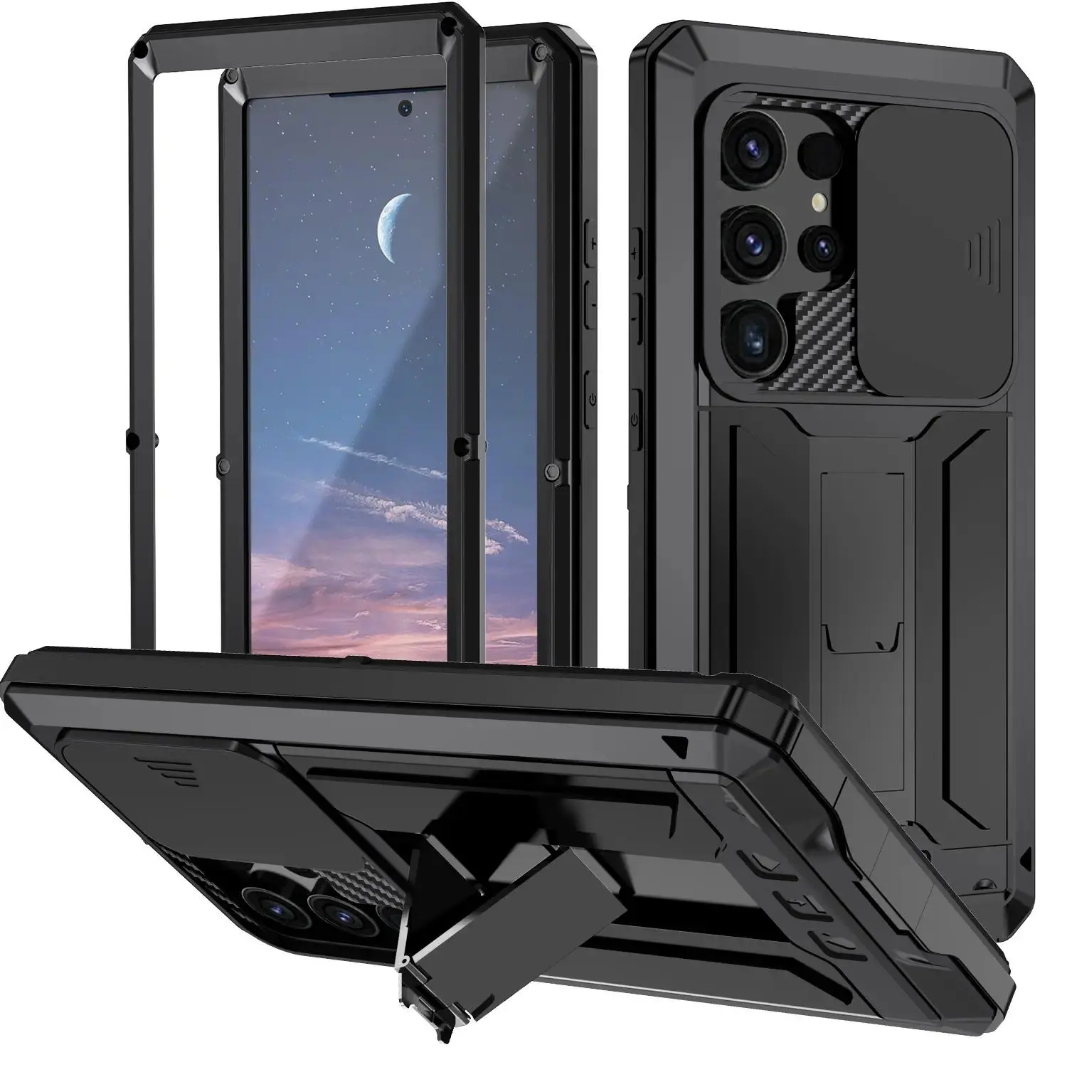 Compatible with S25 Ultra, S24 Plus, S23, S22, S21 Ultra 5G, Heavy Duty Armor Metal Shockproof Protective Phone Case with Built-in Rotatable Kickstand HNZ0350
