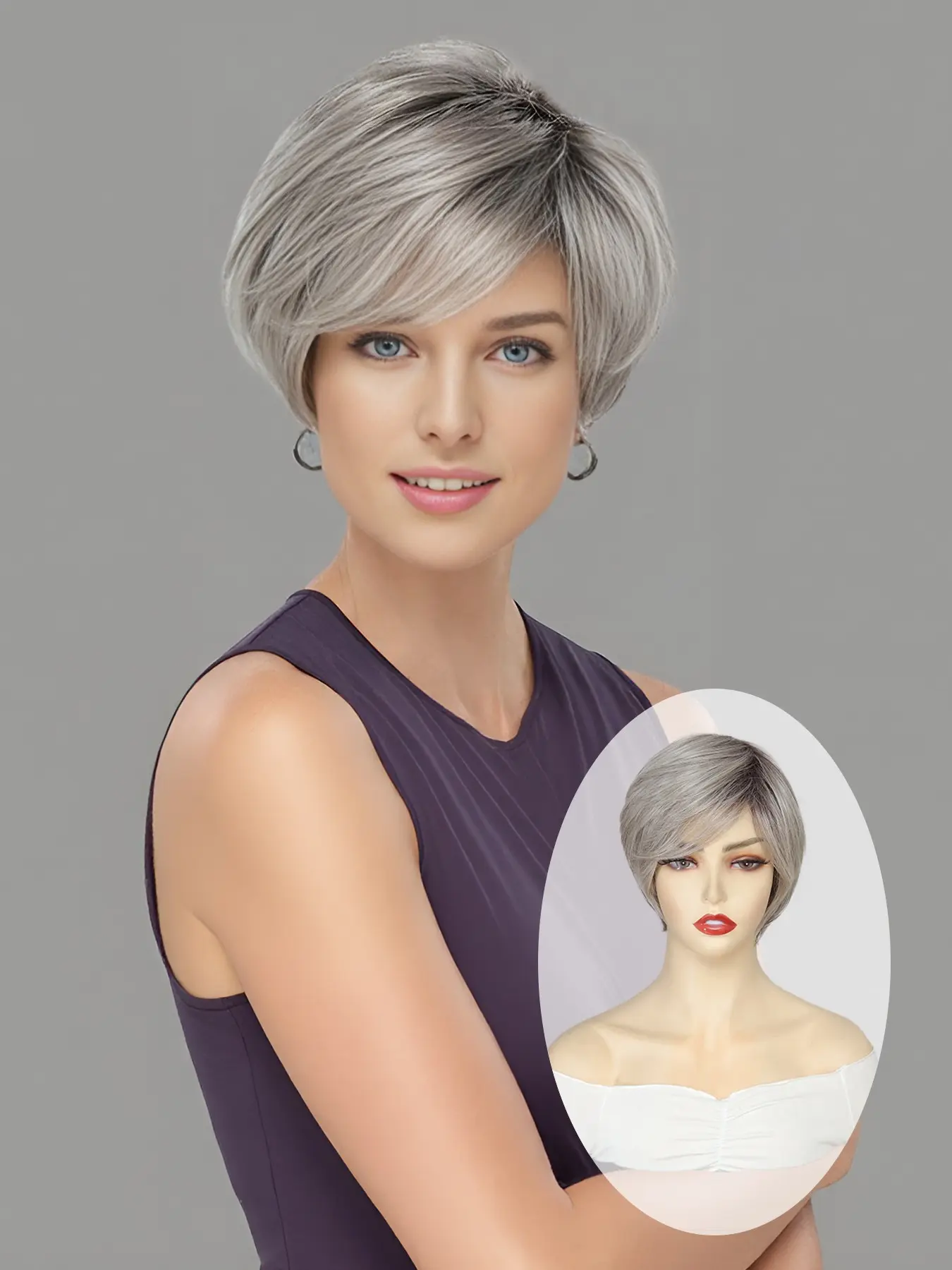 Layered Brown Ombre Grey Color Hair Wigs for White Women with Bangs Bob Hair Wig Synthetic Highlight Bob Haircuts 8inch Average Size Natural Daily Party Halloween Christmas Wig Elegant Wigs