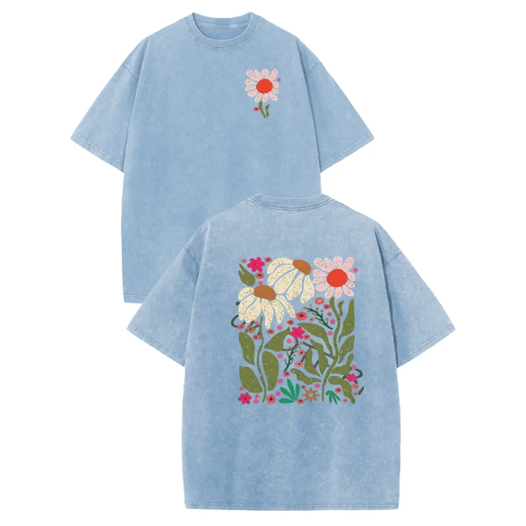 Holafish Vintage Women's Oversized T-Shirt, 100% Cotton Acid Wash Top, Floral & "Be Kind" Graphic, Retro Sporty Prints Front & Back