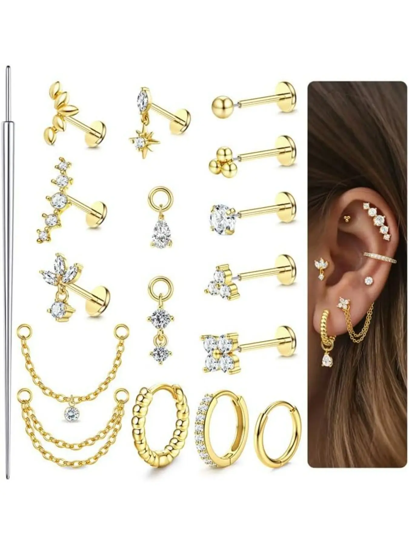 16G/18G/20G Threadless Flat Back Earrings 316L Surgical Steel Cartilage Earring Stacks Flatback Push in Nose Rings Studs Hypoallergenic Tragus Helix Conch Labret Medusa Piercing Jewelry