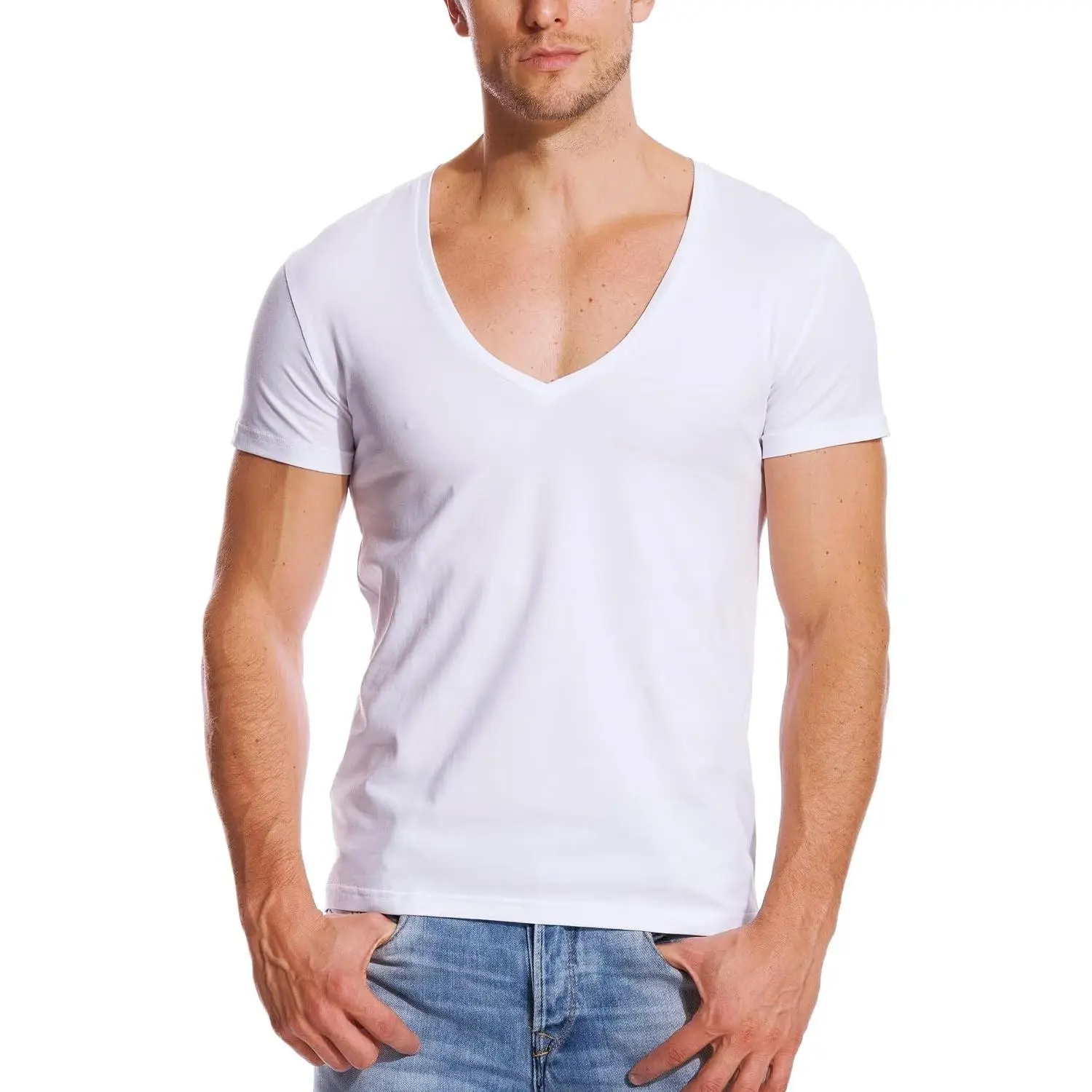 V Neck T Shirts Men Deep V Neck Tee Muscle Slim Fit Low Cut Stretch Tshirt