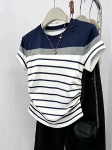 Women's Summer Casual Vacation Multicolor Striped T-Shirt,Navy And White Patterned Outdoor Tops,Fitted Ruched Waist New Arrival Outdoor Wear