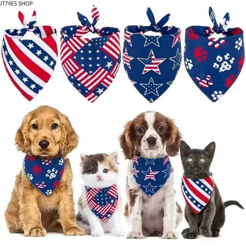 Soft Rayon American Flag Print Pet Tie-On Bandana, Adjustable Breathable Triangle Scarf for Dogs & Cats, Ideal Daily Wear and 4th of July National Pride Party Costume Accessory